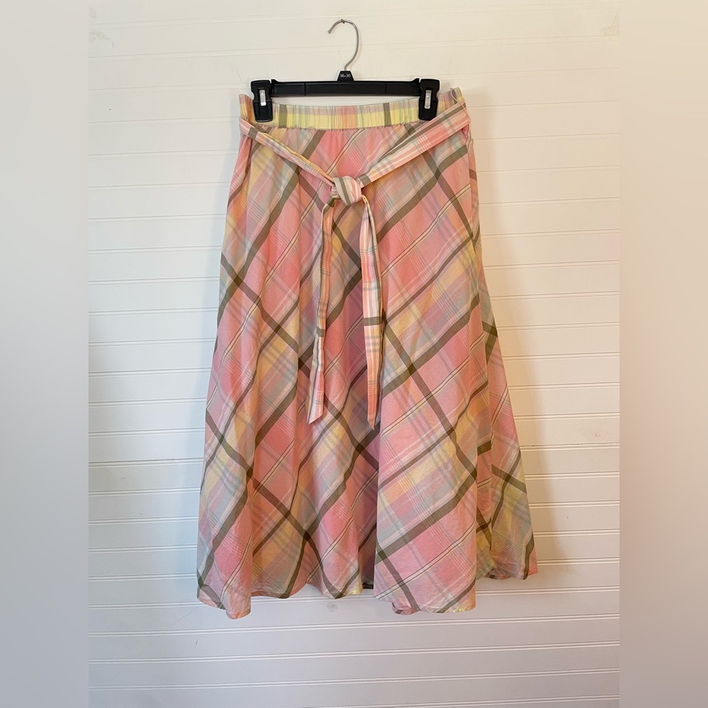 Talbots Pastel Plaid Cotton Skirt Size Small Belted Cottagecore pockets